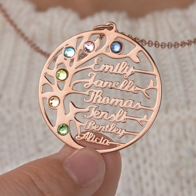 Personalised Tree-Design Family Tree Name Necklace With Birthstone