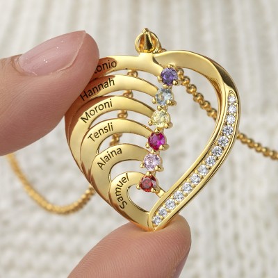 Personalised 1-6 Name Heart Necklace With Birthstone