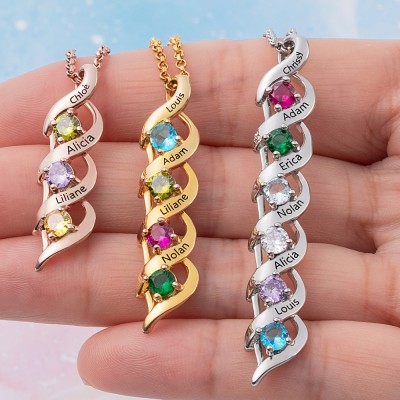 Personalised 1-8 Name Engraved and Birthstone DNA Style Necklaces For Mum Grandma