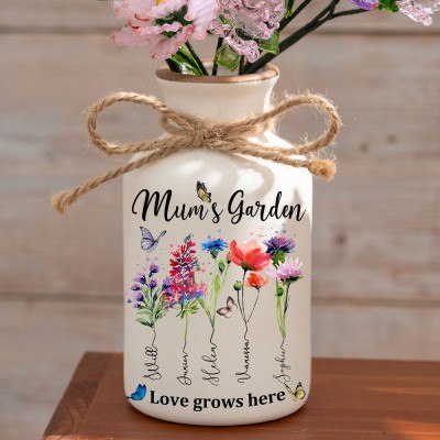 Personalised Mum's Garden Vase With Kids Name and Birth Month Flower For Mother's Day