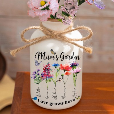 Personalised Mum's Garden Vase With Kids Name and Birth Month Flower For Mother's Day
