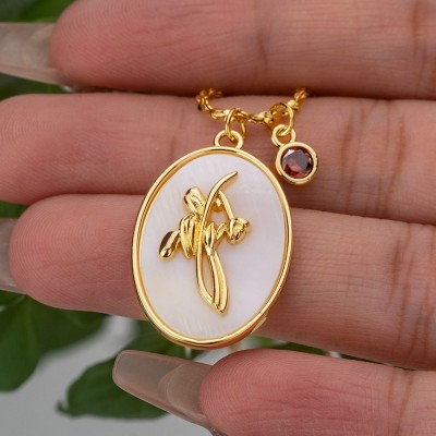 Personalised Dainty Birth Month Flower Mother Shell Gold Necklace With Birthstone For Mum