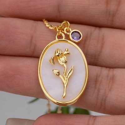 Personalised Dainty Birth Month Flower Mother Shell Gold Necklace With Birthstone For Mum