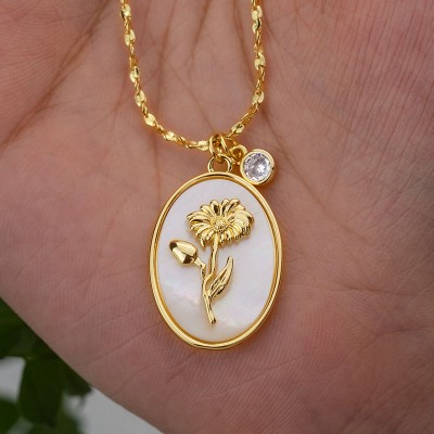 Personalised Dainty Birth Month Flower Mother Shell Gold Necklace With Birthstone For Mum