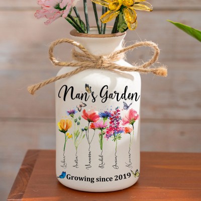 Personalised Nan's Garden Vase With Grandkids Name and Birth Month Flower For Mother's Day