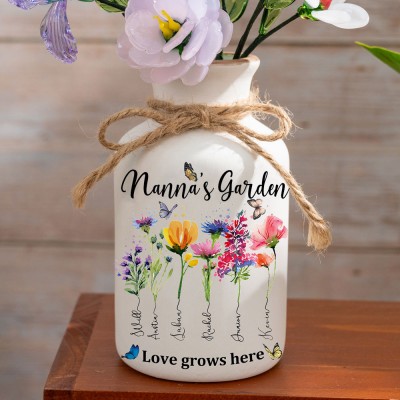 Personalised Nanna's Garden Vase With Grandkids Name and Birth Month Flower For Mother's Day