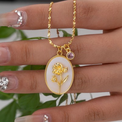 Personalised Dainty Birth Month Flower Mother Shell Gold Necklace With Birthstone For Mum