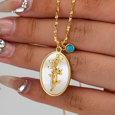 Personalised Dainty Birth Month Flower Mother Shell Gold Necklace With Birthstone For Mum