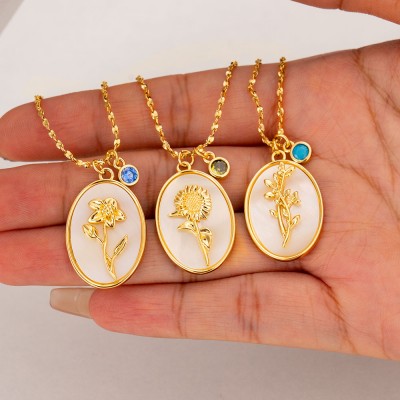 Personalised Dainty Birth Month Flower Mother Shell Gold Necklace With Birthstone For Mum