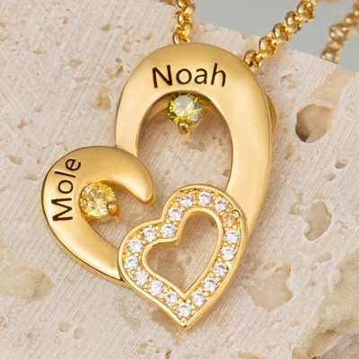 Personalised Heart Necklaces With 2 Name and Birthstone For Soulmate Girlfriend Valentine's Day Gift Ideas