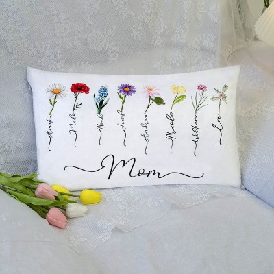 Custom Mum Pillow With Kids' Names & Birth Month Flowers For Mother's Day