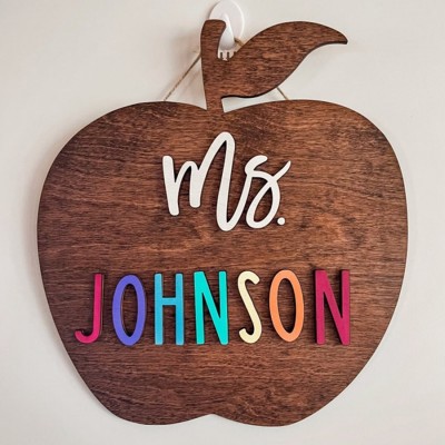 Personalised Teacher Name Wood Apple Sign Back to School Office Decor Christmas Gift