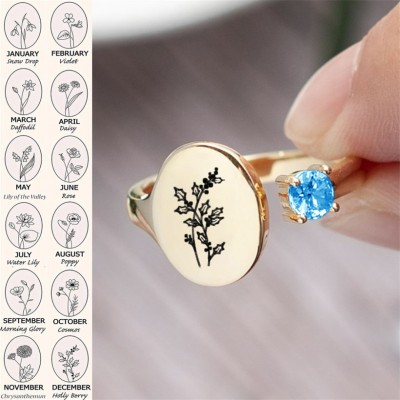 Personalised Birth Flower Ring With Birthstone December Holly