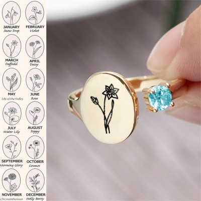 Personalised Birth Flower Ring With Birthstone March Daffodil