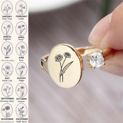 Personalised Birth Flower Ring With Birthstone April Daisy