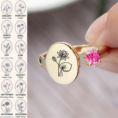 Personalised Birth Flower Ring With Birthstone July Water Lily