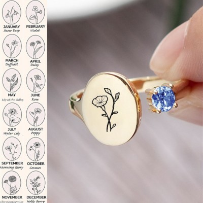 Personalized Birth Flower Ring With Birthstone September Morning Glory