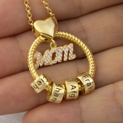 Linda Circle Pendant Necklace With Engraved Beads Mum Gift