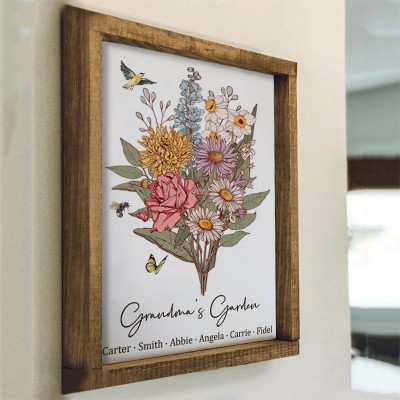 Custom Grandma's Garden Birth Flower Bouquet Art Wood Sign For Mum Grandma Christmas Gift Ideas