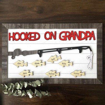 Hooked on Grandpa Personalised Fishing With Kids Name Gift For Father's Day