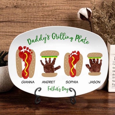 Personalised Burger Hot Dog Handprint Footprint Plate With Name For Father's Day