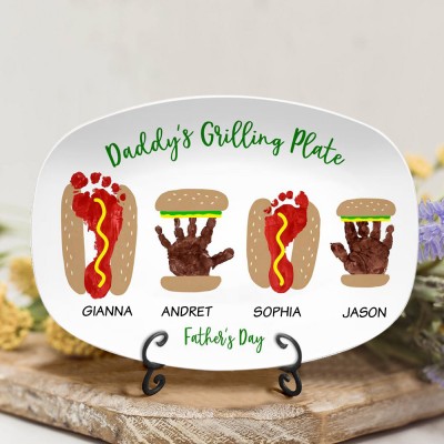 Personalised Burger Hot Dog Handprint Footprint Plate With Name For Father's Day
