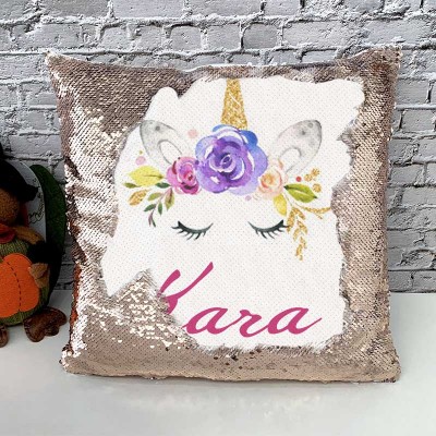 Personalised Sequin Name Pillow Unicorn Birthday Gift for Girls