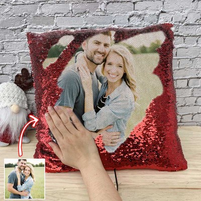 Personalised Red Sequin Photo Pillow For Couples Valentine's Day