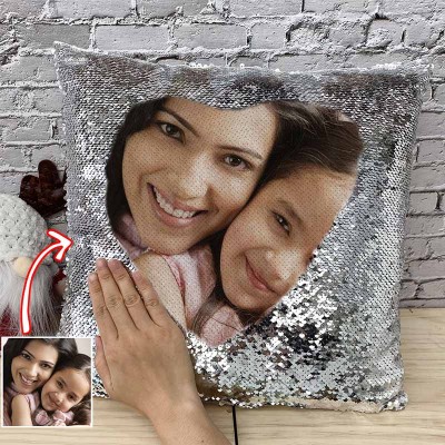 Personalised Silver Sequin Photo Pillow For Mother's Day