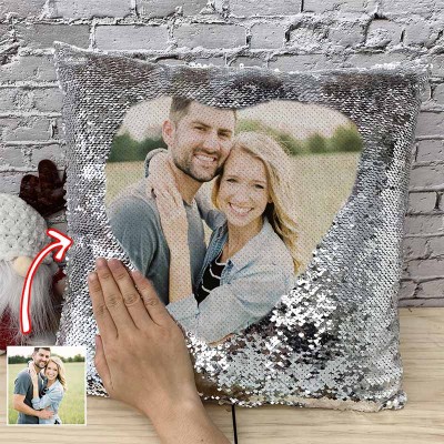 Personalized Silver Sequin Photo Pillow For Couples Valentine's Day
