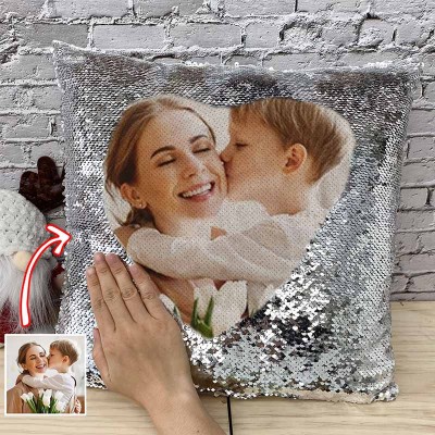 Personalised Silver Sequin Photo Pillow For Mother's Day