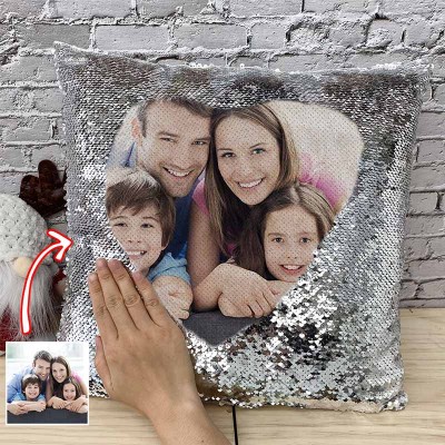 Personalised Silver Sequin Photo Pillow For Family