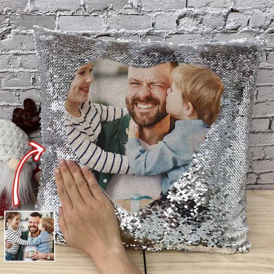 Personalised Silver Sequin Photo Pillow For Dad Father's Day