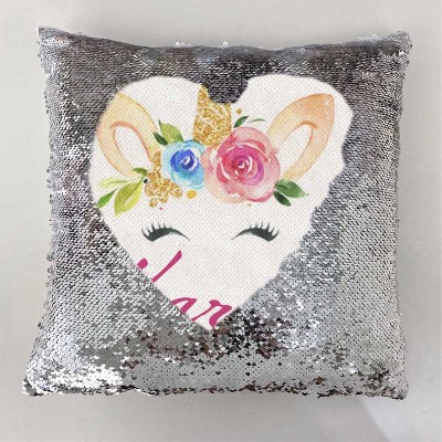Personalised Sequin Name Sliver Pillow Unicorn Birthday Gift for Girls
