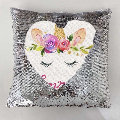 Personalised Sequin Name Sliver Pillow Unicorn Birthday Gift for Girls