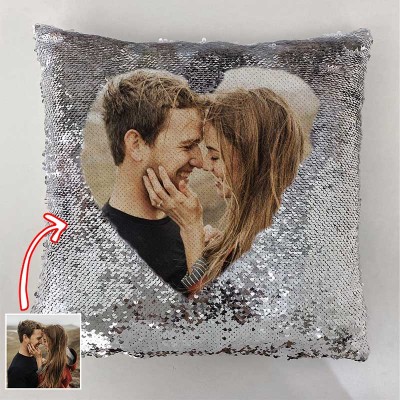 Personalised Silver Sequin Photo Pillow For Couples Valentine's Day
