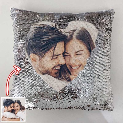 Personalised Silver Sequin Photo Pillow For Couples Valentine's Day