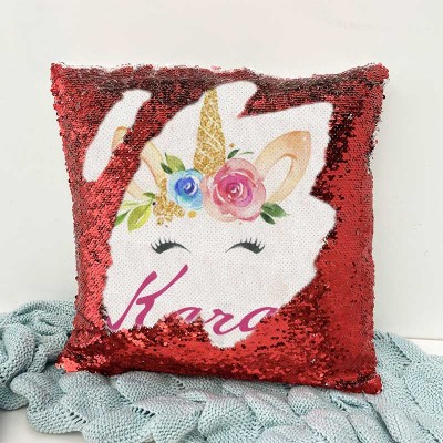 Personalised Sequin Name Red Pillow Unicorn Birthday Gift for Girls