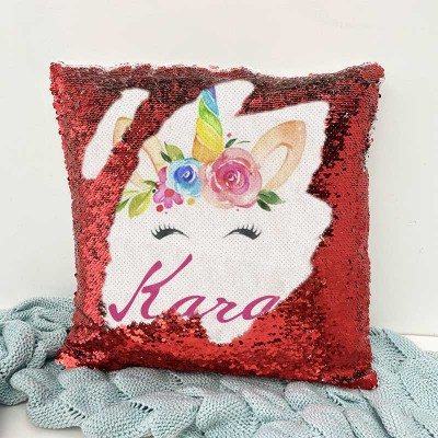 Personalized Sequin Name Red Pillow Unicorn Birthday Gift for Girls