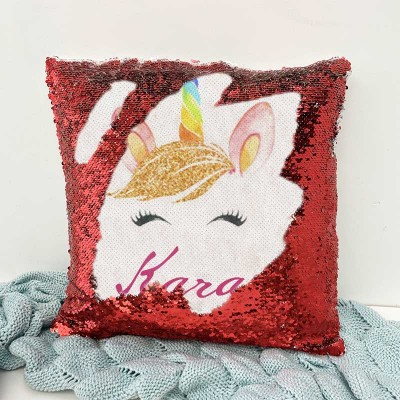 Personalised Sequin Name Red Pillow Unicorn Birthday Gift for Girls