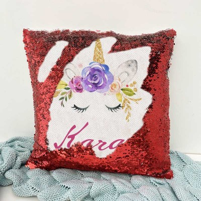 Personalised Sequin Name Red Pillow Unicorn Birthday Gift for Girls