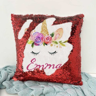 Personalised Sequin Name Red Pillow Unicorn Birthday Gift for Girls