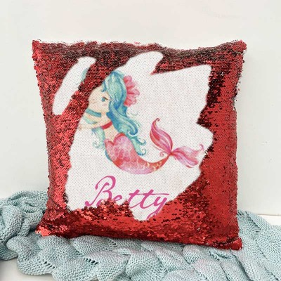 Personalised Sequin Name Red Pillow Mermaid Girl Birthday Gift
