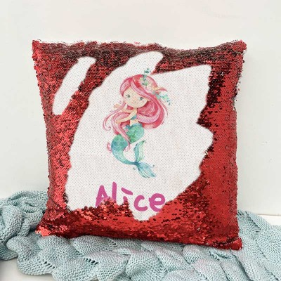 Personalised Sequin Name Red Pillow Mermaid Girl Birthday Gift