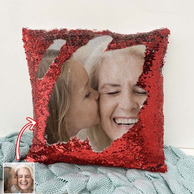Personalised Red Sequin Photo Pillow For Nana