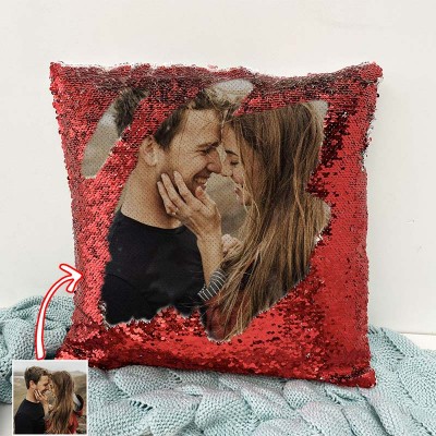 Personalised Red Sequin Photo Pillow For Couples Valentine's Day