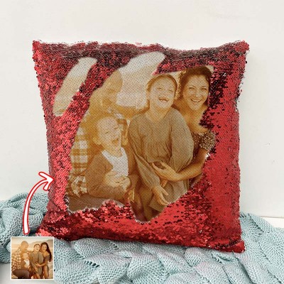 Personalized Red Sequin Photo Pillow For Family