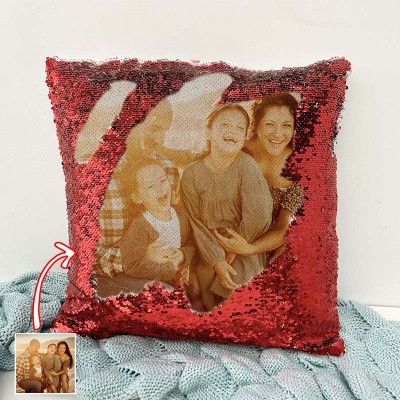Personalised Red Sequin Photo Pillow For Family