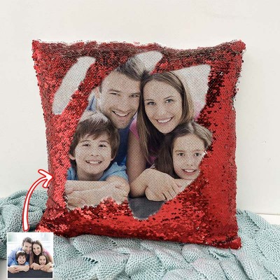 Personalised Red Sequin Photo Pillow For Family