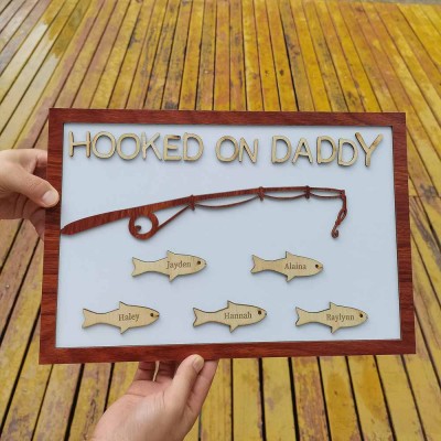 Hooked on Daddy Papa Grandpa Personalized 1-10 Names Engraved Fishing Trip Gift For Him